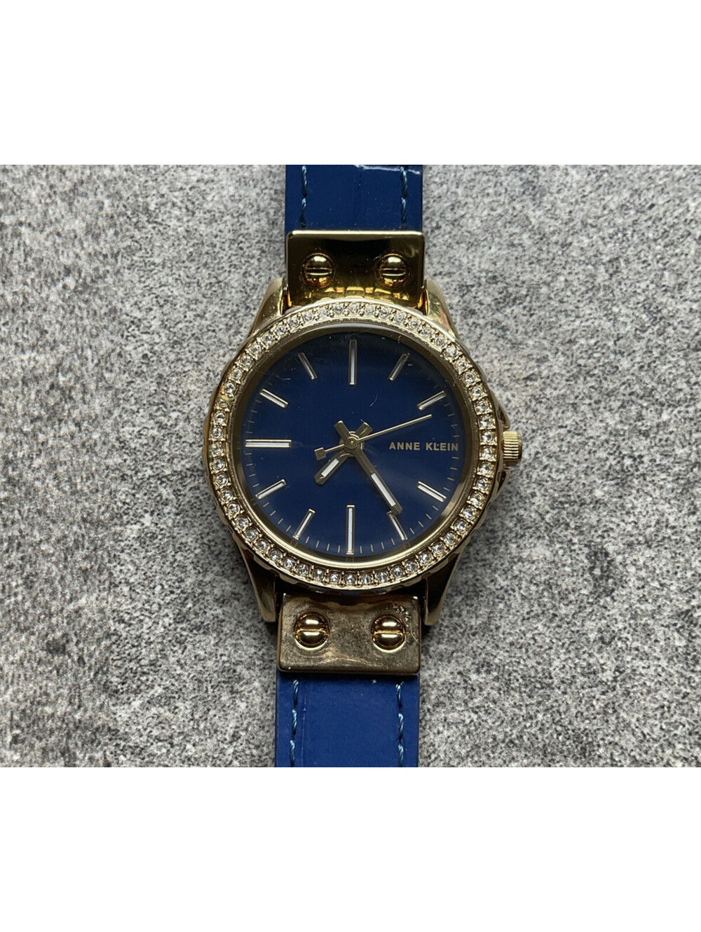 Anne Klein Womens Watch 29mm Gold Tone Case W/Blue Dial Crystal Accent Bezel B-Y